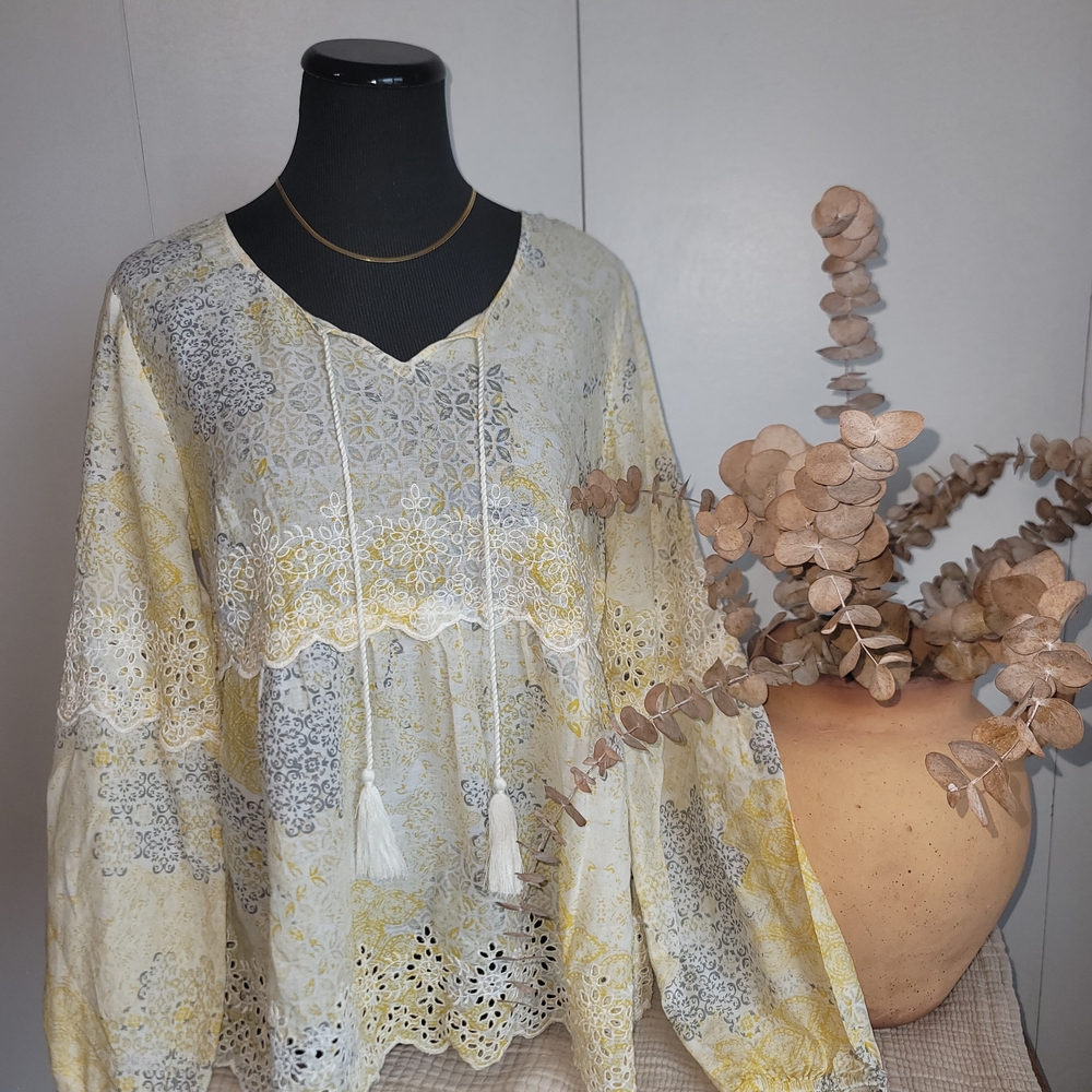Style & Co. Embroidered Blouse in Yellow White 100% Cotton coastal grandmother